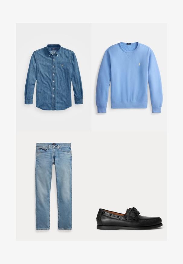 Lyseblå crewneck-sweatshirt lavet af blød bomuldsblanding, med ribstrikket krave og manchetter samt et lille gyldent broderet logo på brystet.; Button-up denimskjorte i middelblå med spids krave, lange ærmer og et lille broderet logo på brystet. Blød tekstur.; Lyseblå jeans med lige ben, forlommer og knaplukning, lagt fladt på en hvid baggrund.; Sort lædermoccasin med snøredetalje og lav gummisål, vist fra siden på ensartet lys baggrund.