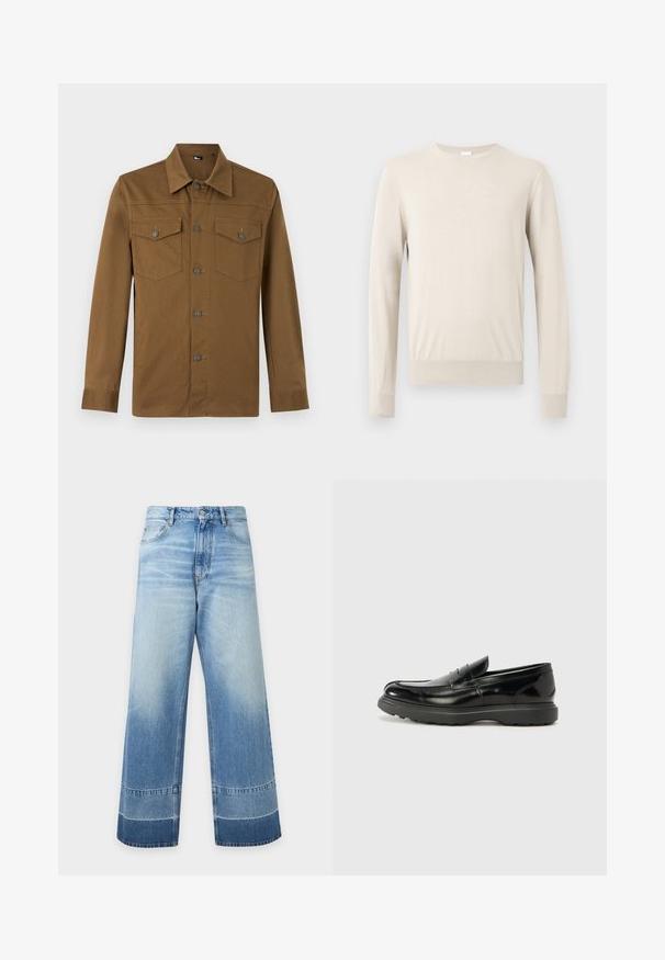 Pull beige à manches longues avec encolure ronde, poignets et ourlet côtelés, présenté sur un fond clair uni.; Chemise marron à manches longues avec col pointu et deux poches poitrine boutonnées, présentée sur fond clair uni.; Jean en denim bleu clair à coupe large avec des détails délavés et des blocs de couleur plus foncés près de l'ourlet, bouton devant et poches visibles.; Mocassin en cuir noir avec une finition brillante, bout arrondi, détails de couture subtils et semelle en caoutchouc épaisse pour la durabilité.