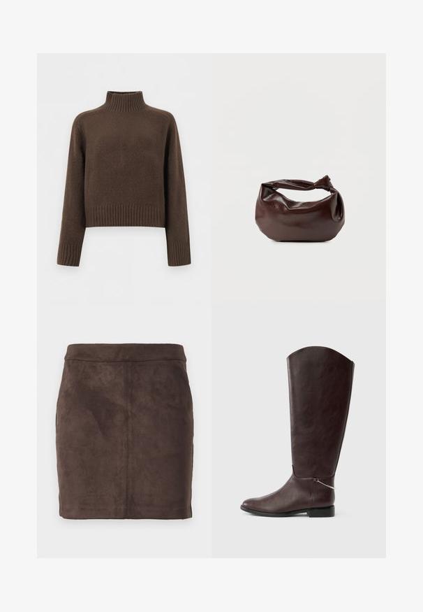 Pull en tricot à manches longues de couleur brun foncé avec col haut côtelé, poignets et ourlet côtelés, présenté sur un fond blanc.; Jupe mini en daim marron avec une texture lisse, un design effilé et une taille plate, comprenant des coutures verticales pour la structure.; Botte en cuir marron foncé montant jusqu'au genou, avec un talon plat et un petit charm argenté décoratif près de la cheville sur fond blanc.; Sac bandoulière en cuir marron foncé avec une forme souple et décontractée et une anse nouée torsadée sur un fond blanc uni.