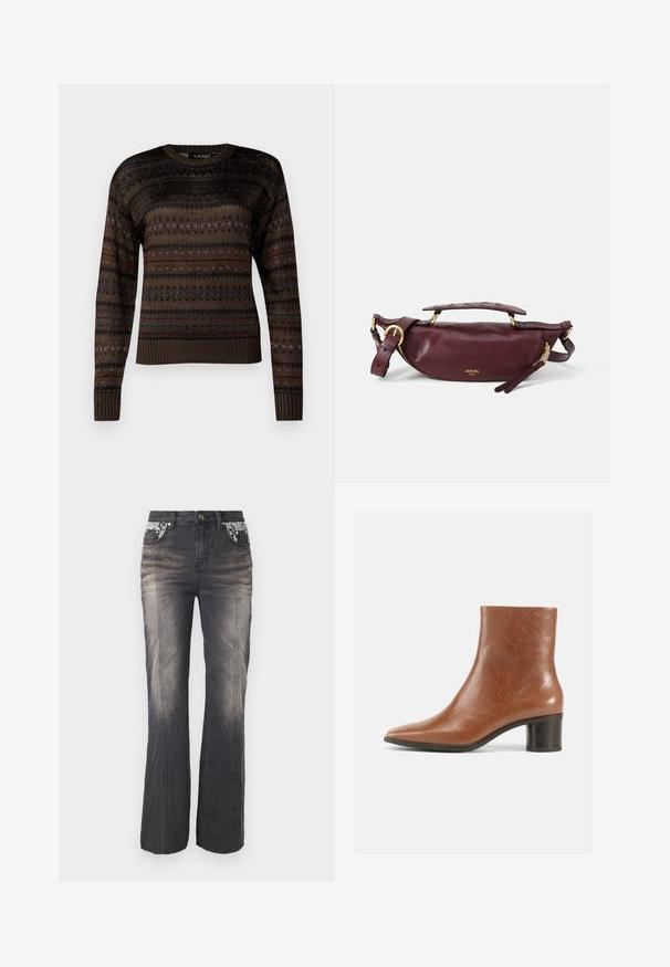 Pull en tricot marron avec un col rond, des manches longues et des rayures texturées agrémentées d'accents multicolores.; Jeans en denim noir avec un design à jambes droites, présentant des détails en dentelle sur les poches et un léger dégradé. Les éléments en métal comprennent un bouton et des rivets.; Bottine en cuir marron avec un bout pointu, une finition texturée et un talon bloc moyen. Design simple sans quincaillerie apparente ni motifs.; Sac à main en cuir bourgogne avec une silhouette arrondie, quincaillerie dorée, une poignée supérieure et une bandoulière ajustable. Présente un détail de logo embossé.