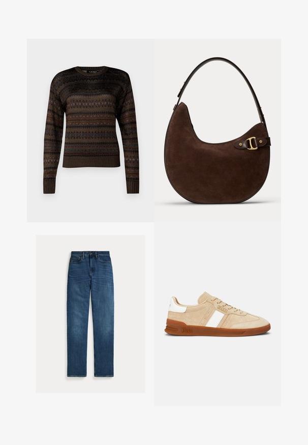 Brun strikket sweater med rund halsudskæring, lange ærmer og strukturerede striber med flerfarvede accenter.; Straight-leg blå denim jeans med fem lommer, knaplukning og subtil falmning på lår og knæ, lagt fladt på hvid baggrund.; Beige ruskindssneakers med hvide striber, gummisål og brune detaljer. Har en tekstureret overflade og en logo på siden.; Brun ruskind skuldertaske i halvmåneform med mørk justerbar læderrem og detail med guldfarvet spænde på ensfarvet baggrund.