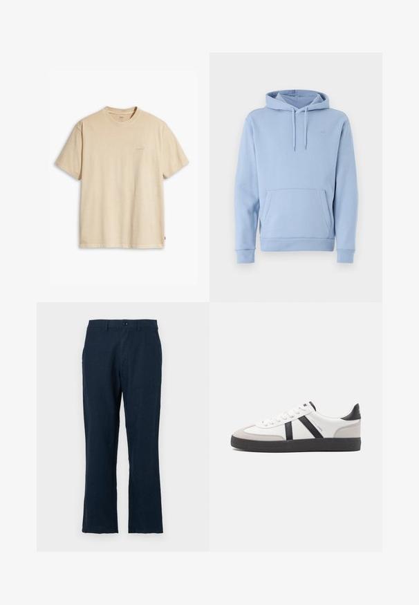 Helles blaues Hoodie aus weichem Stoff, mit Kängurutasche, verstellbarem Kordelzug an der Kapuze und gerippten Bündchen. Kleines Logo auf der Brust.; Beige Baumwoll-T-Shirt mit Rundhalsausschnitt und kurzen Ärmeln. Verfügt über ein dezentes "Levi's"-Logo in der gleichen Farbe auf der Brust. Weiche Textur.; Marineblaue Leinenhose mit geradem Schnitt, Knopfverschluss und normalen Taschen. Der Stoff hat eine glatte Textur und minimale Details.; Weiße Sneaker mit schwarz- und grau-aczenten, ausgestattet mit einer strukturierten grauen Zehenkappe, schwarzer Gummi-Sohle und flachen weißen Schnürsenkeln. Sauberes Design, minimalistische Stil.
