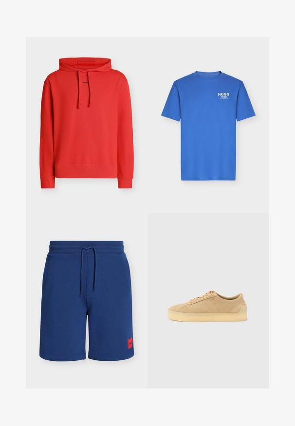 Sweat à capuche rouge à manches longues avec cordons, avec petit texte noir « HUGO » au centre devant.; T-shirt bleu à manches courtes et col rond avec petit logo blanc "HUGO" et texte sur la partie supérieure gauche de la poitrine.; Shorts décontractés pour homme bleu marine avec taille élastique, cordon de serrage, poches latérales et petit écusson de marque rouge sur la jambe gauche.; Baskets basses en daim beige avec semelle épaisse en gomme, fermeture à lacets à l'avant, et logo discret sur le côté, sur un fond uni gris clair.