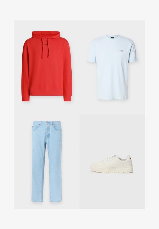 Rød hættetrøje med lange ærmer og snore, med lille sort "HUGO" tekst midt på fronten.; Lyseblå T-shirt med korte ærmer og rund hals, med lille sort "BOSS" logo på venstre bryst.; Lyseblå denimjeans med lige ben, forsideknapper og lynlåslukning, forlommer og bæltestropper, vist på ensfarvet baggrund.; Hvide sneakers med en glat læderoverdel, rund tå, flade snørebånd og en struktureret gummisål. Der er en rød detalje på hælen.