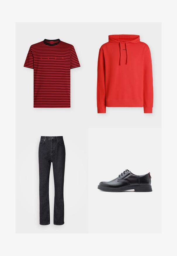 Sweat à capuche rouge à manches longues avec cordons, avec petit texte noir « HUGO » au centre devant.; T-shirt à manches courtes rayé horizontal rouge et noir avec col noir et petit lettrage rouge "HUGO" centré sur la poitrine.; Jean en denim noir taille haute avec fermeture à bouton et à glissière, poches avant et arrière, et coupe droite.; Chaussures en cuir noir à lacets avec une texture lisse, un bout arrondi et des détails de couture discrets. Présentent une languette rouge à l'arrière.