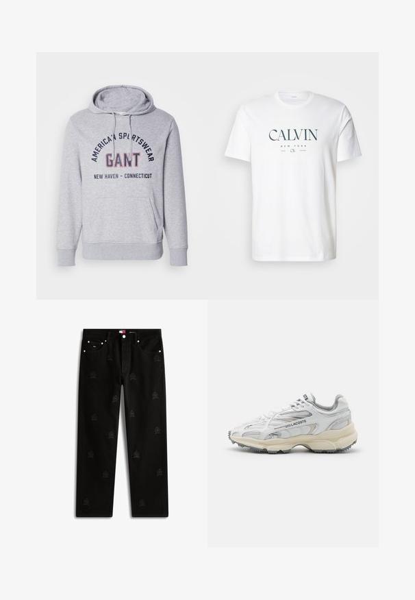 Grauer Kapuzenpullover mit einer Fronttasche, auf der Brust mit schwarzem und rotem Schriftzug "GANT" und "AMERICAN SPORTSWEAR". Der Schriftzug ist gewölbt.; Weißes Baumwoll-T-Shirt mit einem Grafikdruck, auf dem "CALVIN", "NEW YORK" und "1968" in Dunkelgrün zu sehen sind. Rundhalsausschnitt, kurze Ärmel.; Schwarze Jeans aus Denim mit geradem Schnitt, versehen mit tonalen gestickten Logos und metallischen Details an Bund und Taschen.; Weiße Sportschuhe mit grauen Akzenten, Obermaterial aus Mesh und Synthetik, Schnürdesign und rutschfester Gummisohle mit Strukturmustern.