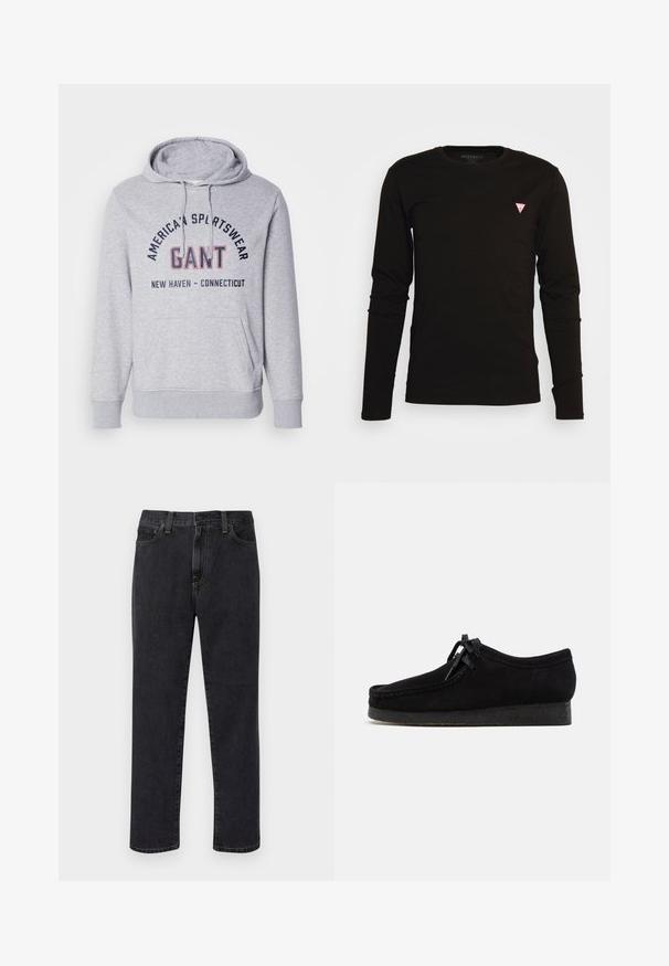 Grauer Kapuzenpullover mit einer Fronttasche, auf der Brust mit schwarzem und rotem Schriftzug "GANT" und "AMERICAN SPORTSWEAR". Der Schriftzug ist gewölbt.; Langärmliges schwarzes T-Shirt aus glattem Material mit einem kleinen roten dreieckigen Logo im oberen linken Brustbereich. Runder Halsauschnitt.; Schwarze Gerade-Jeans mit Vordertaschen, Gürtelschlaufen und Knopfverschluss, vor einem weißen Hintergrund präsentiert.; Schwarze Wildlederschuhe mit rundem Zehendesign, einer Schnürfront und einer strukturierten schwarzen Gummisohle. Glattes Obermaterial mit dezenten Nahtdetails.
