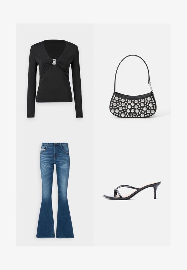 Sort langærmet top med V-hals, med en knyttet center og en dekorativ sølvring detalje. Glat, tætsiddende stof, minimalistisk design.; Flared jeans i mellemblå denim med høj talje, fem-lomme design og subtile whiskering-detaljer ved lårene.; Sort laklædersandal med hæl, tynde krydsede remme og en slank mellemhøj stilethæl på en hvid baggrund.; Sort læderhåndtaske med en buet form, prydet med sølvfarvede nitter i forskellige størrelser og en kort rem. "HUGO" logoet er trykt på forsiden.