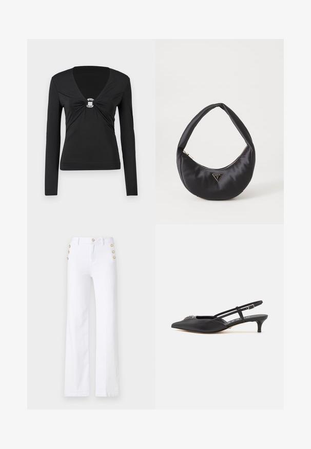 Top negro de manga larga con escote en V, que presenta un centro anudado con un detalle decorativo de anillo plateado. Tela lisa y ajustada, diseño minimalista.; Pantalones acampanados blancos de algodón, con cierre frontal, detalles de botón dorado en el lateral y una textura suave.; Zapatos slingback negros con punta afilada, hechos de material suave, con un pequeño tacón y un acento decorativo plateado en el empeine.; Bolso de satén negro con forma curva, que cuenta con un cierre de cremallera y un logo triangular en metal en la parte delantera. Textura suave y diseño elegante.