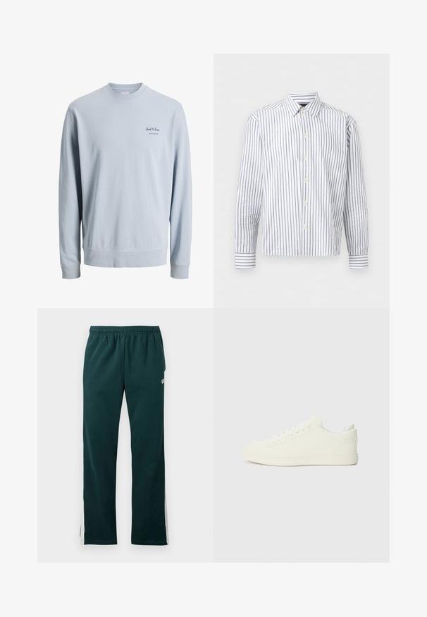 Lyseblå langærmet sweatshirt med rund halsudskæring og lille "Jack & Jones Archive Selection"-logo på venstre bryst.; Hvid langærmet knappet skjorte med lodrette, tynde sorte striber og en spids krave, vist fladt mod en hvid baggrund.; Mørkegrønne sweatpants med elastisk hænger og hvide striber, der løber ned ad ydersiden af benene.; Hvide sneakers med en glat overflade, rund tå og traditionel snøring, med et minimalistisk design og gummisål.
