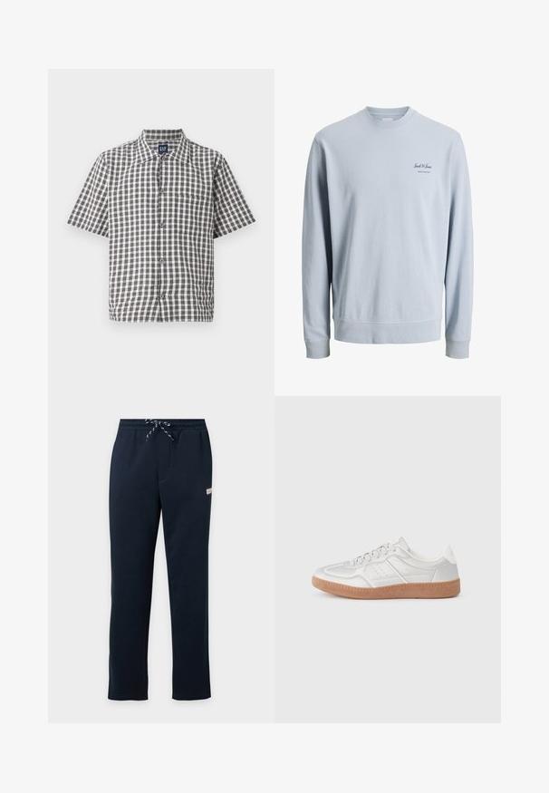 Sweat-shirt à manches longues bleu clair avec col rond et petit logo "Jack & Jones Archive Selection" sur le côté gauche de la poitrine.; Chemise à manches courtes, à carreaux noir et blanc, boutonnée, avec col et poche poitrine, marque GAP.; Pantalon de survêtement bleu marine avec cordon, taille élastique, poches latérales et petit patch logo rectangulaire sur la partie supérieure de la cuisse.; Baskets argentées avec une texture lisse, un design à lacets, des accents perforés et une semelle en caoutchouc marron texturé.