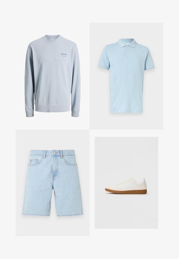 Sweat-shirt à manches longues bleu clair avec col rond et petit logo "Jack & Jones Archive Selection" sur le côté gauche de la poitrine.; Polo bleu clair à manches courtes avec deux boutons et petit logo brodé sur le côté gauche de la poitrine.; Short en denim bleu clair avec poches avant, passants de ceinture, bouton en métal et fermeture éclair sur un fond blanc uni.; Baskets blanches avec un capuchon en daim, un dessus en synthétique lisse et une semelle en caoutchouc marron. Présente des perforations sur les côtés pour une meilleure respirabilité.