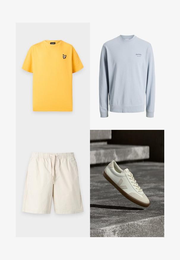 Sweat-shirt à manches longues bleu clair avec col rond et petit logo "Jack & Jones Archive Selection" sur le côté gauche de la poitrine.; T-shirt jaune à manches courtes avec col rond et petit logo d'oiseau noir et blanc sur le côté gauche de la poitrine.; Short beige à taille élastique avec cordon, poches avant et coupe longueur genou sur un fond uni clair.; Baskets en cuir blanc avec semelle en caoutchouc beige, lacets plats et accent en forme de V sur le côté. Présentent une surface lisse et peu de détails de couture.