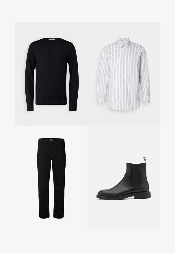 Schwarzer Pullover mit langen Ärmeln und Rundhalsausschnitt, mit gerippten Bündchen und Saum, vor weißem Hintergrund präsentiert.; Gestreiftes Hemd mit Knöpfen, das vertikale graue und weiße Streifen aufweist, lange Ärmel, einen Kragen und eine Brusttasche. Glatte Stofftextur.; Schwarze Jeans mit geradem Bein, Knopf- und Reißverschluss, Gürtelschlaufen und Taschen vorne und hinten, vor weißem Hintergrund dargestellt.; Schwarze Leder-Ankle-Boots mit glatter Textur, elastischen Seitenpaneelen und einer Zuglasche. Runde Zehenpartie und flache Gummisohle mit minimalem Profil.