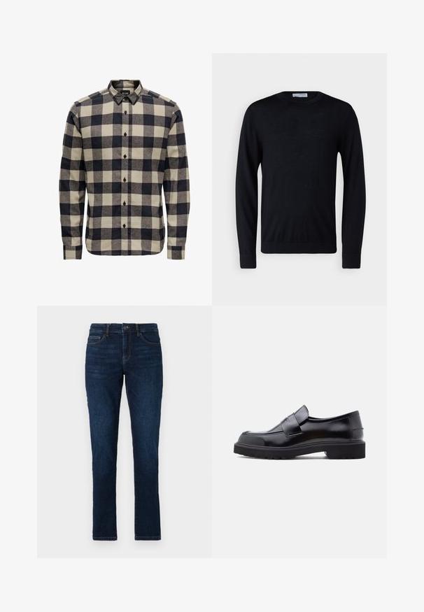 Pull noir à manches longues, col rond, avec poignets et ourlet côtelés, présenté sur fond blanc.; Chemise en flanelle pour homme en noir et crème, présentant un motif à carreaux classique, un col boutonné et des manches longues avec poignets à boutons.; Jean en denim bleu foncé avec une coupe slim, design standard à cinq poches, et une fermeture à bouton et fermeture éclair. Texture lisse avec un minimum de décoloration.; Chaussure noire en cuir à enfiler avec un design épuré, bout rond et semelle épaisse en caoutchouc texturé. Présente une sangle décorative à l'avant.