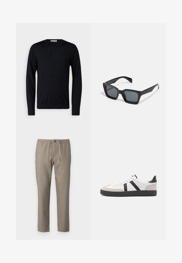 Pull noir à manches longues, col rond, avec poignets et ourlet côtelés, présenté sur fond blanc.; Pantalons beiges avec une taille élastique, fermeture à cordon de serrage et une coupe droite. Le matériau a une texture subtile.; Baskets blanches avec des accents noirs et gris, présentant un embout texturé gris, une semelle en caoutchouc noir et des lacets plats blancs. Design épuré, style minimaliste.; Lunettes de soleil noires rectangulaires avec des verres teintés. Monture en plastique avec une finition brillante, comportant un pont large et des branches légèrement effilées.