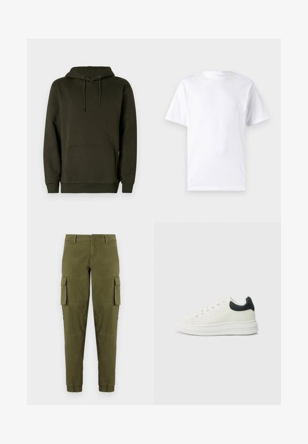 Sweatshirt à capuche vert foncé, fabriqué en tissu doux, doté d'une poche kangourou, de poignets côtelés et d'un cordon de serrage pour un ajustement de la capuche.; T-shirt blanc à manches courtes en coton avec un col rond, présentant une texture lisse et un design simple, sans motifs ni accents.; Pantalons cargo vert olive avec poignets élastiques, dotés de deux poches cargo latérales, d'une fermeture à bouton à l'avant et d'un tissu lisse et léger.; Baskets en cuir blanc avec un accent noir au talon, bout rond, semelle blanche plate et fermeture à lacets. Perforations minimales sur les côtés.