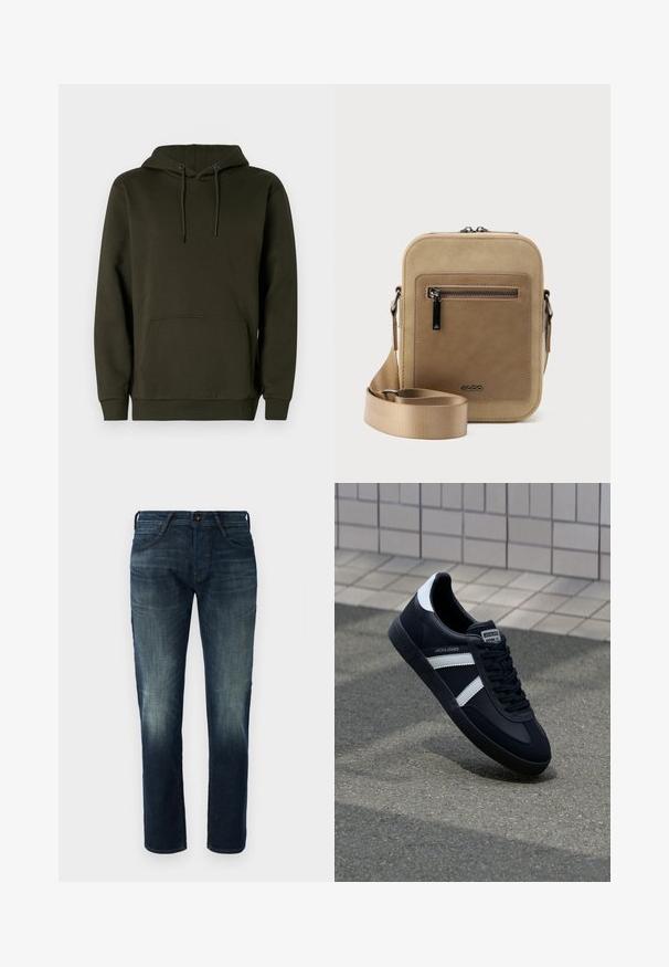 Mørkegrøn hættebluse lavet af blødt stof, har en kængurulomme, ribbet manchetter og snor til justerbar hætte.; Mørkeblå lige ben denim jeans med let fading på lårene og knæene, frontknap og lynlås lukning, samt fem-lomme stil.; Sort lædersneaker med hvide striber, tekstureret gummisål og snørrebånd foran. Har et brandet mærke på tungen.; Lille beige crossbody-taske med lynlåslomme foran, metal ALDO-logo, justerbar bred rem og rundet rektangulær form på hvid baggrund.