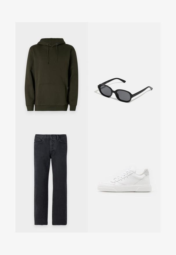 Dunkelgrüner Kapuzenpullover aus weichem Stoff, mit einer Kängurutasche, gerippten Bündchen und einem Kordelzug für die anpassbare Kapuze.; Schwarze Denim-Jeans mit geradem Bein, fünf Taschen, Gürtelschlaufen und minimalen Nähten. Hergestellt aus weichem, strukturiertem Baumwollstoff.; Weiße Leder-Sneaker mit glatter Oberfläche, rundem Zehenbereich, flachen Schnürsenkeln und strukturiertem Schuhsohlen. Graues Wildleder-Detail an der Ferse.; Zign Sonnenbrille - black