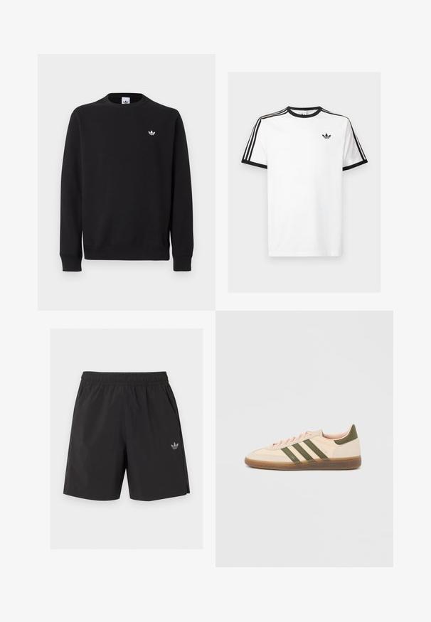 Sweat-shirt noir col rond avec manches longues et petit logo blanc Adidas trefoil sur la poitrine gauche.; T-shirt en coton blanc avec un col et des manches ribbés noirs, comportant trois rayures noires sur chaque épaule et un petit logo sur la poitrine.; Short de sport noir à taille élastique avec poches latérales et petit logo Adidas sur la jambe gauche.; Baskets beige discrètes Adidas Spezial avec des bandes vertes, une semelle en caoutchouc et le logo "SPEZIAL" sur le côté, vues de l'extérieur.