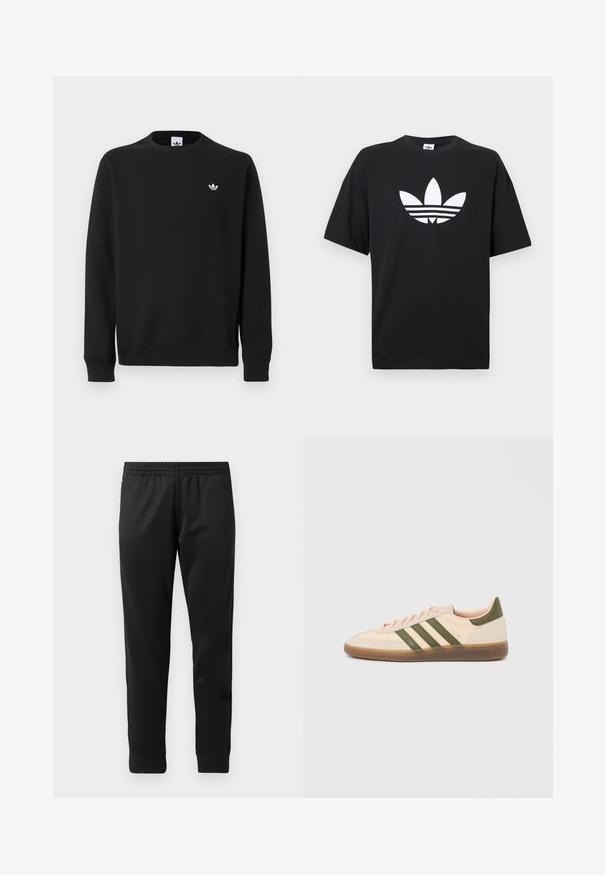 Zwarte crewneck trui met lange mouwen en klein wit Adidas trefoil-logo op de linkerborst.; Zwarte katoenen T-shirt met korte mouwen, voorzien van een groot wit Adidas-logo en drie horizontale strepen aan de onderkant. Klassiek ontwerp met ronde hals.; Zwarte sportbroek van gladde stof, met een elastische tailleband, taps toelopende pijpen en ribgebreide manchetten bij de enkels.; Beige Adidas Spezial sneaker met een laag profiel, groene strepen, een gumkleurige zool en "SPEZIAL" branding aan de zijkant, gezien vanaf de buitenzijde.