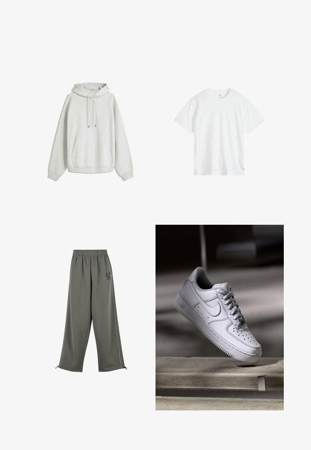 Sweatshirt à capuche gris clair en tissu doux. Il dispose d'une poche avant, de cordons de serrage et de manches amples. Design simple et fonctionnel.; T-shirt en coton blanc avec col rond, manches courtes et coupe décontractée. Présente une petite étiquette de marque en bas à gauche.; Karl Kani KK OS SIDESTRIPE - Pantalon classique - grey; La basket Nike Air Force 1 en cuir blanc présente un embout perforé, des lacets plats et une semelle en caoutchouc texturée avec le logo « AIR » sur le côté.