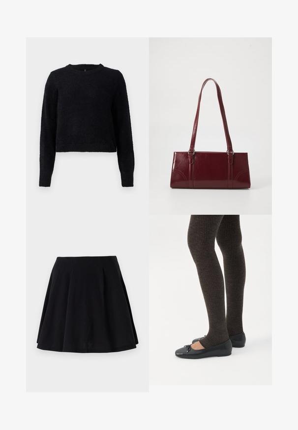 Suéter de punto negro con mangas largas, cuello redondo y un acabado suave y texturizado. El diseño presenta un corte cropped y un dobladillo acanalado.; Falda de algodón negra con una silueta acampanada, que presenta pliegues en la zona de la cintura y una textura suave. Ideal para un look casual.; Piernas con leggings oscuros acanalados combinados con bailarinas negras que presentan pequeños detalles de lazo sobre un fondo blanco.; Bolso burdeos hecho de material brillante, de forma rectangular, con dos asas para el hombro y sutiles acentos curvados en la parte frontal.