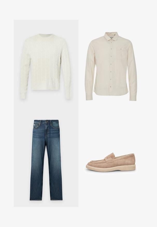 Suéter de punto trenzado en color crema, con un escote redondo y puños y dobladillo acanalados. El diseño texturizado añade profundidad a la tela.; Camisa de manga larga color beige claro con cuello abotonado, bolsillo en el pecho y una textura sutil. Cuenta con cierre frontal de botones.; Jeans azul oscuro con corte recto, diseño de cinco bolsillos y un desgaste sutil. Fabricados con tela vaquera y detalles clásicos de costura.; Mocasín de ante beige claro con punta redondeada, tira decorativa en el empeine y suela de goma texturizada para mayor agarre.
