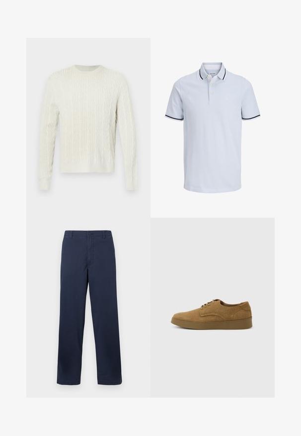 Pull en maille torsadée crème avec un col rond et des poignets et un ourlet côtelés. Le design texturé ajoute de la profondeur au tissu.; Polo bleu clair à manches courtes avec liseré foncé au col et aux manches, patte de boutonnage et logo discret sur la poitrine.; Pantalons en coton bleu marine avec une coupe droite, présentant une fermeture à bouton à l'avant, des passants de ceinture et une texture lisse.; Chaussure décontractée à lacets en daim marron avec semelle en caoutchouc plate, vue de côté sur un fond clair uni.