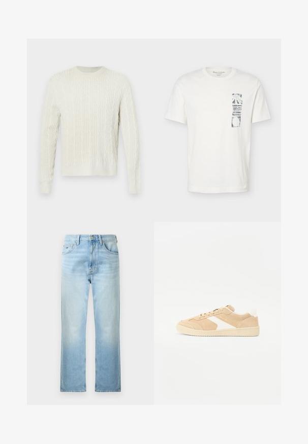 Creme kabel-striktrøje med rund hals og ribbede manchetter og kant. Det teksturerede design tilføjer dybde til stoffet.; Hvid T-shirt med korte ærmer, rund hals og sort abstrakt rektangulært motiv på venstre brystområde.; Lyseblå jeans med lige ben, forlommer, bæltestropper og knaplukning på en ensfarvet hvid baggrund.; Beige ruskind sneakers med hvide detaljer, rund tå og snørebåndslukning. Tekstureret overdel og gummisål med diskret branding.