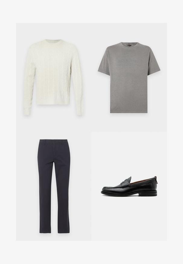 Pull en maille torsadée crème avec un col rond et des poignets et un ourlet côtelés. Le design texturé ajoute de la profondeur au tissu.; T-shirt en coton gris à manches courtes, col rond, avec un logo embossé "JACK & JONES" sur le devant. Texture lisse, design décontracté.; Pantalon slim noir avec fermeture par bouton et zip, passants de ceinture et jambes droites, présenté sur un fond clair.; Mocassin homme en cuir noir avec couture moc toe, bride penny, col texturé et petit talon empilé sur fond blanc.