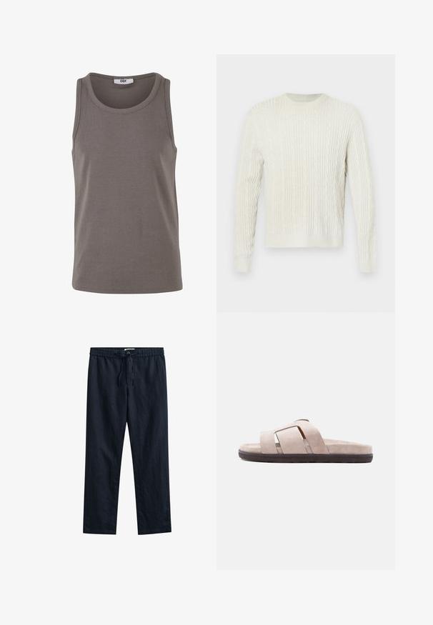 Creme kabel-striktrøje med rund hals og ribbede manchetter og kant. Det teksturerede design tilføjer dybde til stoffet.; Grå ribbet tank top med rund halsudskæring og brede ærmehuller. Lavet af strækbart stof, har den en almindelig pasform og et minimalistisk design.; Mørkeblå bukser med lige ben, elastisk talje, snor og sidelommer, lavet af letvægtsstof.; Beige klipklap med brede krydsremme og polstret sål, med en mørkebrun flad ydersål.