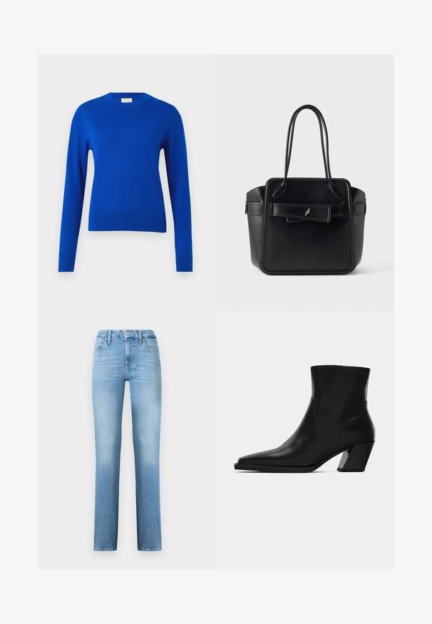 Pull en tricot bleu avec des manches longues, un col rond et une coupe cintrée. Texture lisse avec des accents minimalistes, idéal pour un look décontracté.; Jean droit bleu clair en denim, avec un design classique à cinq poches et une taille cousue avec fermeture à bouton sur le devant.; Bottine en cuir noir avec un bout pointu, une silhouette élégante et un talon carré massif. Texture lisse avec des détails de couture minimalistes.; Sac à main en cuir noir avec longues anses doubles, forme carrée et une ceinture décorative sur le panneau avant.