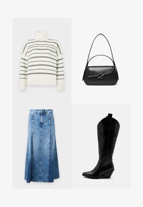 Hvidt turtle neck-sweater med sorte vandrette striber. Har ribbede kanter ved halsen og ærmerne. Blød tekstur, afslappet pasform og strikket design.; Denim nederdel med en lys til mørk blå gradient, knælængde, med lige snit, frontslids og klassisk knap- og lynlås-lukning.; Sort læder cowboystøvle med spidst tåparti, skråt blokhælhæl, dekorative sømme og trækstropper øverst mod hvid baggrund.; Sort skuldertaske i læder med en buet klap, der er fastgjort med en rund metal spænde, og en slank, justerbar rem.