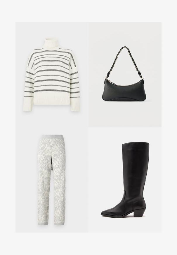 Hvidt turtle neck-sweater med sorte vandrette striber. Har ribbede kanter ved halsen og ærmerne. Blød tekstur, afslappet pasform og strikket design.; Strukturerede loungbukser i elfenben med grå mønstre, der har et blødt stof, elastisk talje og ribbede manchetter.; Sort læderstøvle til midtkalv med spids tå og lavt skråt hæl på en enkel lys baggrund.; Sort skuldertaske i læder med en buet rektangulær form, gyldent kæde vævet ind i en flettet sort rem og toplynlås.