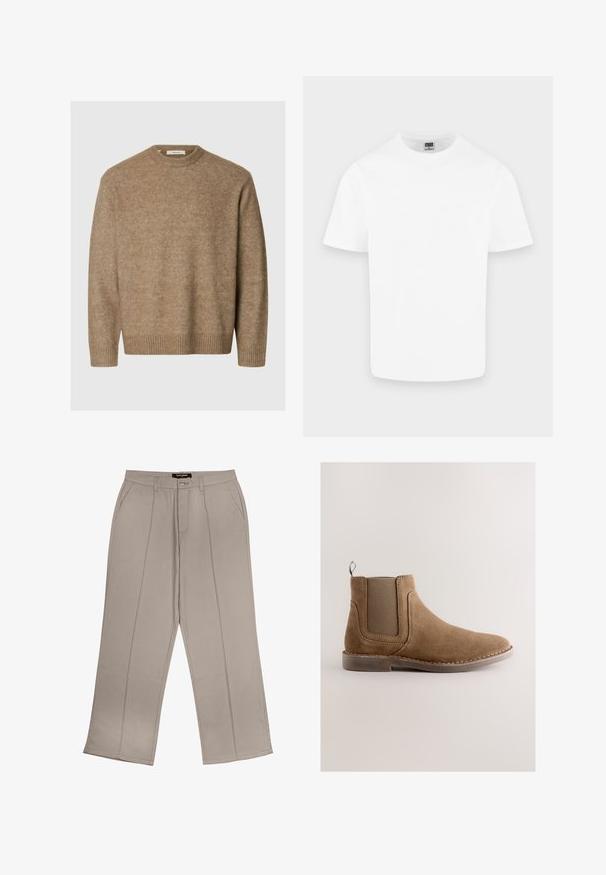 Beige Baumwollmischung Pullover mit Rundhalsausschnitt, gerippten Bündchen und Saum, weicher Textur und lockerer Passform.; Schlichtes weißes Baumwoll-T-Shirt mit kurzen Ärmeln und Rundhalsausschnitt, dargestellt auf hellem grauem Hintergrund.; Beige weite Hosen aus Stoff, mit frontalen Taschen, einem Reißverschluss und zwei vertikalen Nähten auf jedem Bein.; Brauner Chelsea Wildleder Knöchelstiefel mit elastischem Seitenpaneel, Zuglasche an der Ferse und flacher gestapelter Gummisohle auf neutralem Hintergrund.