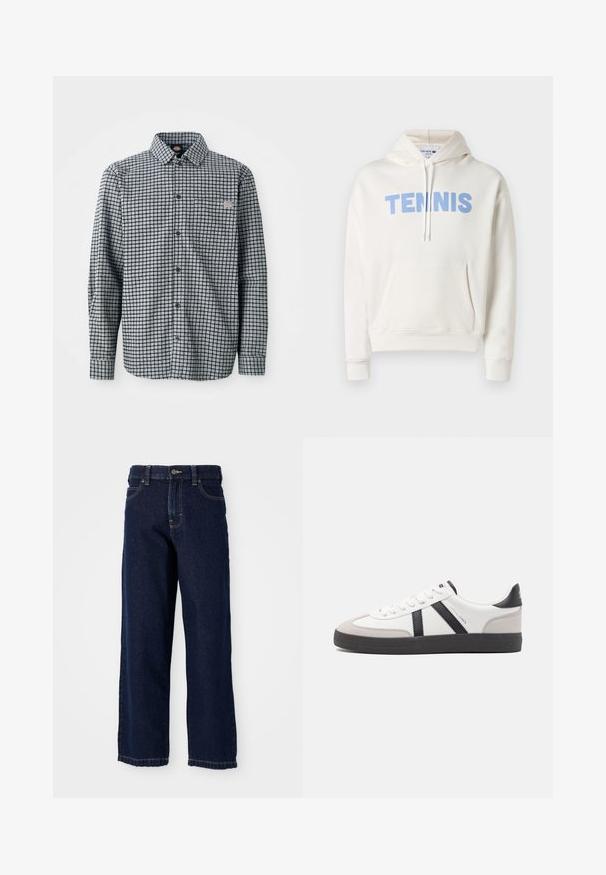 Weißes Kapuzen-Sweatshirt mit hellblauem "TENNIS"-Schriftzug über der Brust, Vordertasche und Kordelzug an der Kapuze.; Langärmliges, schwarz-weiß kariertes Hemd mit Knopfleiste, Kragen und kleinem Logopatch auf der linken Brusttasche.; Dunkelblaue Jeans mit weitem Bein aus Denim, gerader Schnitt, Fünf-Taschen-Design und Abschlussnähten entlang des Saums.; Weiße Sneaker mit schwarz- und grau-aczenten, ausgestattet mit einer strukturierten grauen Zehenkappe, schwarzer Gummi-Sohle und flachen weißen Schnürsenkeln. Sauberes Design, minimalistische Stil.