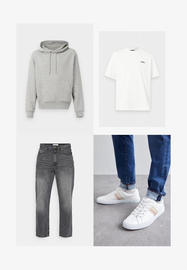 Grau Baumwoll-Hoodie mit einer Fronttasche, Kapuze mit Kordelzug, gerippte Bündchen und Saum. Glatte Textur, lässiges Design und eine lockere Passform.; Weißes T-Shirt mit kurzen Ärmeln, rundem Hals und kleinem schwarzen, gesticktem Logo "Paul Smith" auf der linken Brust vor einfarbigem Hintergrund.; Graue Denim-Jeans mit gerader Passform, ausgestattet mit einem ausgewaschenen Finish, Fronttaschen und einem Knopfverschluss. Einfache Nähte und Saumdetails.; Weiße Leder-Sneaker mit mehrfarbigen Streifen, Schnürdesign, Gummisohle und gepolstertem Kragen, kombiniert mit blauen Jeans.