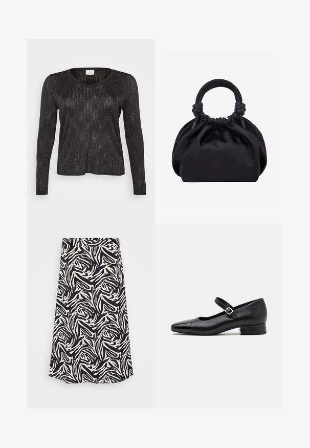 Sort langærmet sweater med et struktureret, glitrende design. Har rund halsudskæring og ribbede kanter ved nederdelen og ærmerne. Letvægtsmateriale.; Sorte og hvide nederdel med et snurrende zebra mønster, med en lige skæring og nederste kant. Fremstillet af et glat, letvægtigt stof.; Sorte læder Mary Jane-sko med en patenttå, justerbar ankelrem og lav blokhæl. Glat tekstur og strømlinet design.; Sort blød stofhåndtaske med samlet top og cirkulære polstrede håndtag bundet med knuder på hver side.