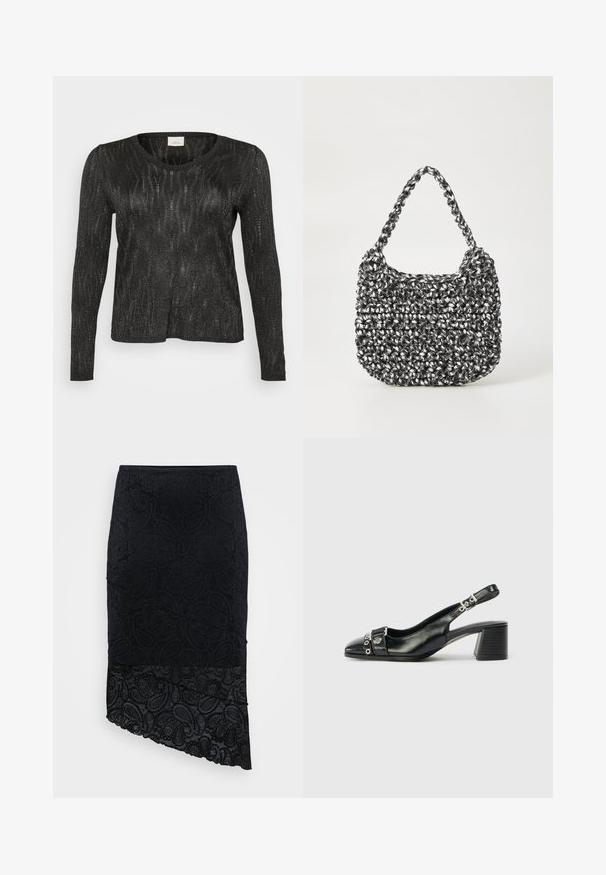 Schwarzer langärmliger Pullover mit einem strukturierten, glitzernden Design. Verfügt über einen Rundhalsausschnitt sowie gerippte Säume und Bündchen. Leichtes Material.; Schwarzer Rock mit strukturiertem Paisleymuster, asymmetrischem Saum und Spitzeneinsatz am unteren Rand. Hergestellt aus einem weichen, dehnbaren Stoff.; Schwarze Leder-Slingback-Pumps mit spitzem Vorderteil, strukturiertem Riemen mit runden metallischen Akzenten und gestapeltem Blockabsatz.; Gewebte Handtasche in Schwarz und Weiß mit runder Form, strukturiertem Oberflächenfinish und geflochtener Grifffläche. Geeignet für den lässigen Gebrauch.