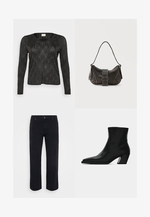 Sort langærmet sweater med et struktureret, glitrende design. Har rund halsudskæring og ribbede kanter ved nederdelen og ærmerne. Letvægtsmateriale.; Sorte denimjeans med lige ben-design. Funktioner inkluderer en knaplukning i taljen, bæltestropper og front-/baglommer. Glat tekstur.; Sortlæder ankelstøvle med spids tå, en slank silhuet og en kraftig firkantet hæl. Glat tekstur med minimale stikninger.; Sort læder skuldertaske med spænde på remmen, afrundede kanter og kontrasterende hvide syninger på en ensfarvet baggrund.