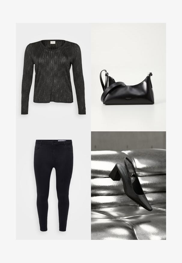 Sort langærmet sweater med et struktureret, glitrende design. Har rund halsudskæring og ribbede kanter ved nederdelen og ærmerne. Letvægtsmateriale.; Sorte slim-fit jeans lavet af strækbart denim, med en frontlukkedrag og bælteløkker, samt fem lommer med en glat overflade.; Sort slingback-hæl med spids tå, der har en tekstureret overflade og en chunky blokhæl. Lagt mod en skinnende, metallisk baggrund.; Sort læderhåndtaske med en glat tekstur. Har en justerbar stropp og et enkelt, minimalistisk design med lynlås.