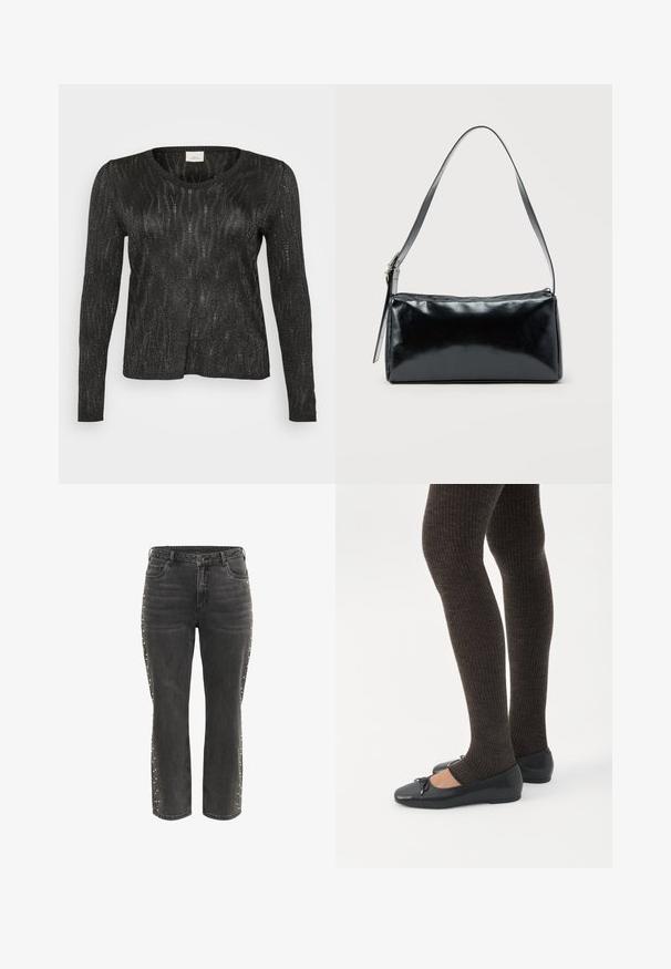 Sort langærmet sweater med et struktureret, glitrende design. Har rund halsudskæring og ribbede kanter ved nederdelen og ærmerne. Letvægtsmateriale.; Sorte høj talje lige jeans med metalknap, forlommer og små sølvnitter langs de ydre sidesømme.; Ben iført mørke ribbede leggings kombineret med sorte balletsko med små sløjfedetaljer på hvid baggrund.; Sort rektangulær skuldertaske med en enkelt justerbar rem og lynlås i toppen på en ensfarvet baggrund.