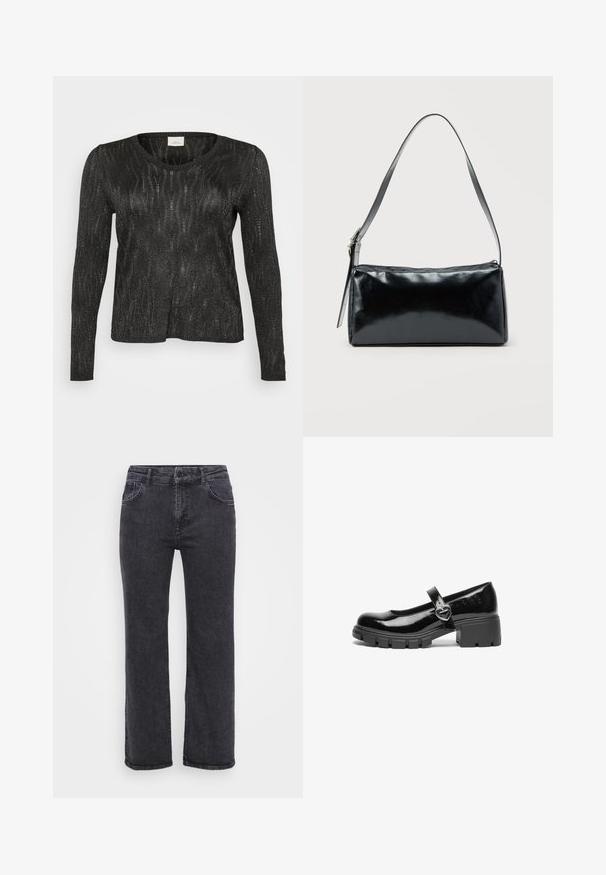 Sort langærmet sweater med et struktureret, glitrende design. Har rund halsudskæring og ribbede kanter ved nederdelen og ærmerne. Letvægtsmateriale.; Sorte denim jeans med lige ben design, fem lommer og knaplukning. Stoffet har en let falmet tekstur og robust syning.; Sort patentlæder Mary Jane sko med en kraftig hæl, rund tå og en rem med detajler i form af en hjerteformet spænde.; Sort rektangulær skuldertaske med en enkelt justerbar rem og lynlås i toppen på en ensfarvet baggrund.