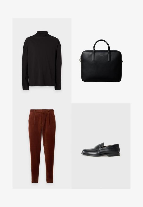 Sort turtleneck langærmet top lavet af blød, glat stof med løs pasform og uden synlige mønstre eller detaljer.; Brune corduroy bukser med lige pasform, featuring frontfolder, to sidelommer og en glat tekstur. Velegnet til afslappet brug.; Sorte læder loafers med rund tå, syet detaljer og en flad gummisål. Har en bred rem over vristen.; Sort tekstureret lædermappe med dobbelte håndtag og sølv lynlås, centreret på hvid baggrund.