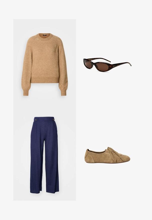 Beige gebreide trui met een ronde halslijn, raglanmouwen en geribde boorden en zoom. Zachte textuur en een ontspannen pasvorm.; Marineblauwe wijde broek gemaakt van een zachte stof, met plooien en twee voorknopen in de taille voor extra detail.; Lichtbruine suède platte schoen met afgeronde neus en vetersluiting, weergegeven op een witte achtergrond, zijaanzicht.; Nauwsluitende ovalen zonnebril met schildpadmotief, donkere bruine glazen en slanke pootjes, voorzien van een klein gouden logo aan de zijkant.