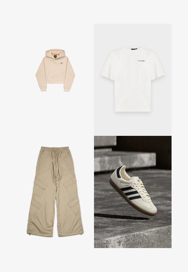 Sudadera beige recortada hecha de una tela suave, con un bolsillo frontal, capucha y un pequeño logo en el pecho. Textura suave y ajuste relajado.; Camiseta blanca de manga corta con pequeño logo "Napapijri" en el lado izquierdo del pecho y cuello redondo.; Pantalones cargo beige con cintura ajustable, múltiples bolsillos laterales y un corte relajado. Hechos de una tela ligera y suave con detalles de costura.; Zapatilla blanca Adidas Samba con franjas negras y suela de goma, flotando sobre escalones de hormigón gris texturizado.