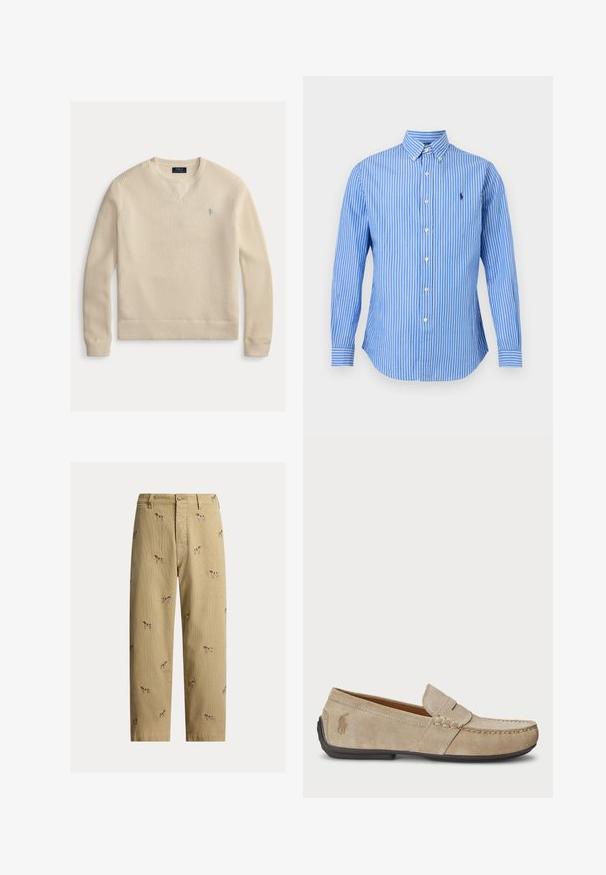 Suéter de punto color beige claro con escote en V, puños y dobladillo acanalados, y un pequeño logo azul en el pecho. Tela texturizada y transpirable.; Camisa de vestir azul de manga larga con rayas blancas verticales, cuello abotonado y pequeño logo bordado en el pecho izquierdo.; Pantalones de pana beige con diseños bordados de perros, corte recto y estilo de cinco bolsillos con cierre de botón frontal.; Mocasines de ante beige con detalle cosido, suela de goma plana y un pequeño logotipo en el lateral. Diseño clásico de slip-on, textura suave.