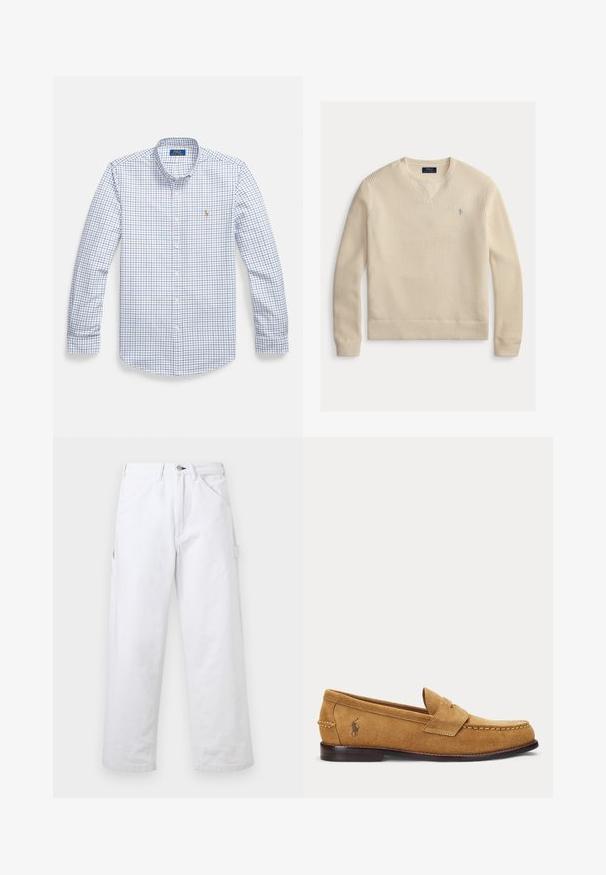 Light beige knit sweater featuring a V-neck, ribbed cuffs and hem, and a small blue logo on the chest. Textured, breathable fabric.; Men's long-sleeve button-up shirt in white with a blue and red check pattern. Features a collar and a small embroidered logo on the chest.; White high-waist straight-leg pants with belt loops, front pockets, button closure, and a side utility pocket on a plain background.; Tan suede loafer with stitched detailing and a small embroidered horse logo on the side, featuring a low wooden heel and slip-on design.