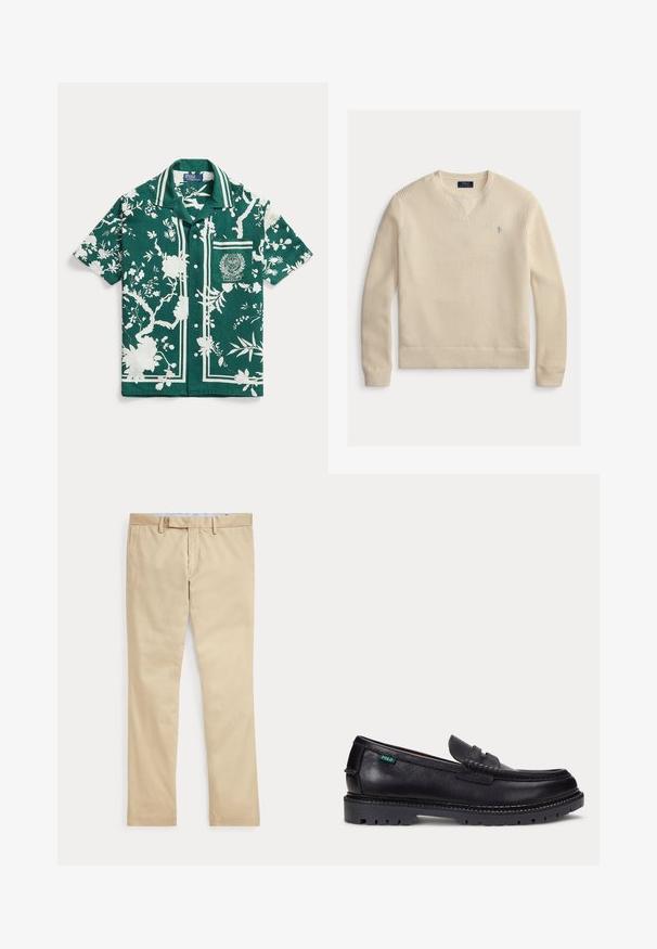 Suéter de punto color beige claro con escote en V, puños y dobladillo acanalados, y un pequeño logo azul en el pecho. Tela texturizada y transpirable.; Camisa verde de manga corta con botones, con patrones blancos de flores y ramas, cuello a rayas y bolsillo parche bordado en el pecho izquierdo.; Pantalones beige de corte recto con trabillas para cinturón y cremallera frontal, colocados planos sobre un fondo blanco.; Mocasín de cuero negro con suela gruesa estriada y pequeña etiqueta verde "Polo" en el lado exterior cerca del talón.